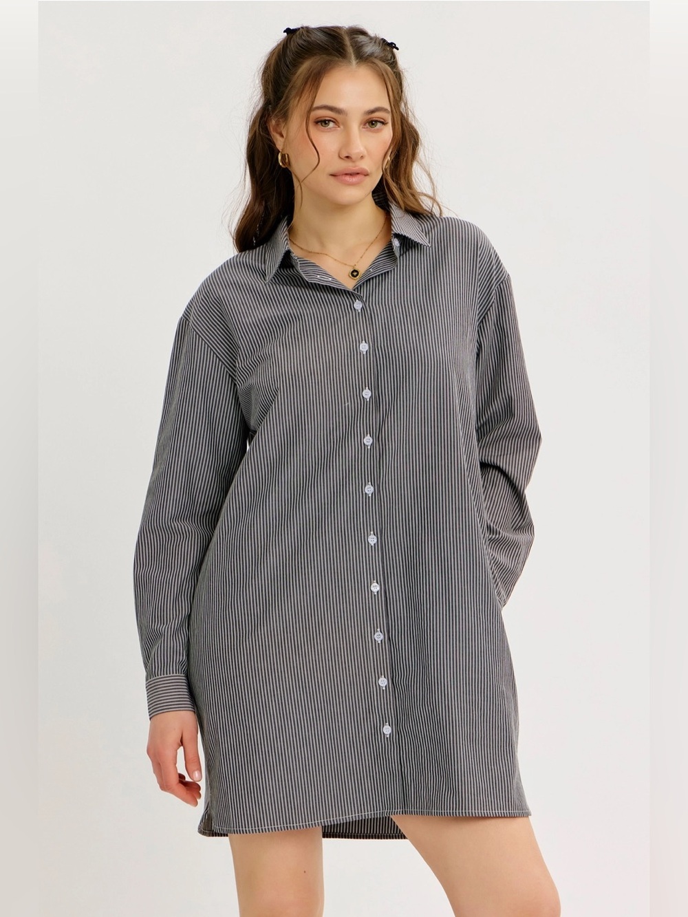 Oversized Stripe Shirt Dress with Back Drawstrings - 618